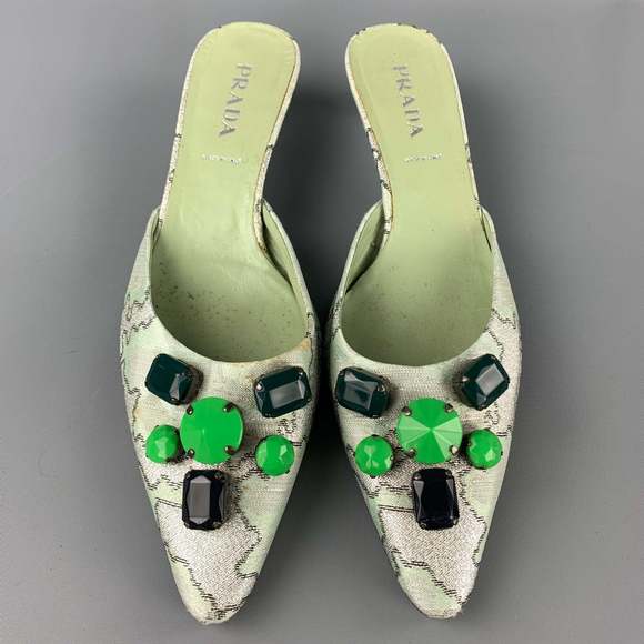 PRADA Green Embellishments Silk Kitten Heel Pumps - Picture 1 of 7
